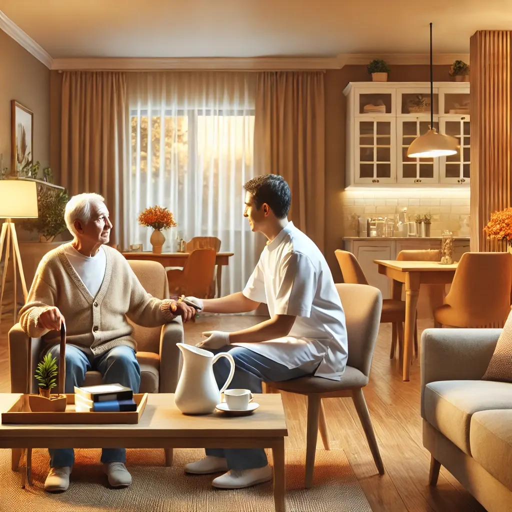 A warm and inviting senior living environment where a caregiver is providing friendly assistance to an elderly resident in a well-lit common area.