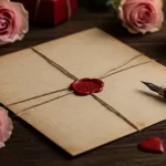 A vintage Valentine's Day love letter with a red wax seal, surrounded by delicate roses and a quill pen, softly illuminated by candlelight, evoking historical romance.