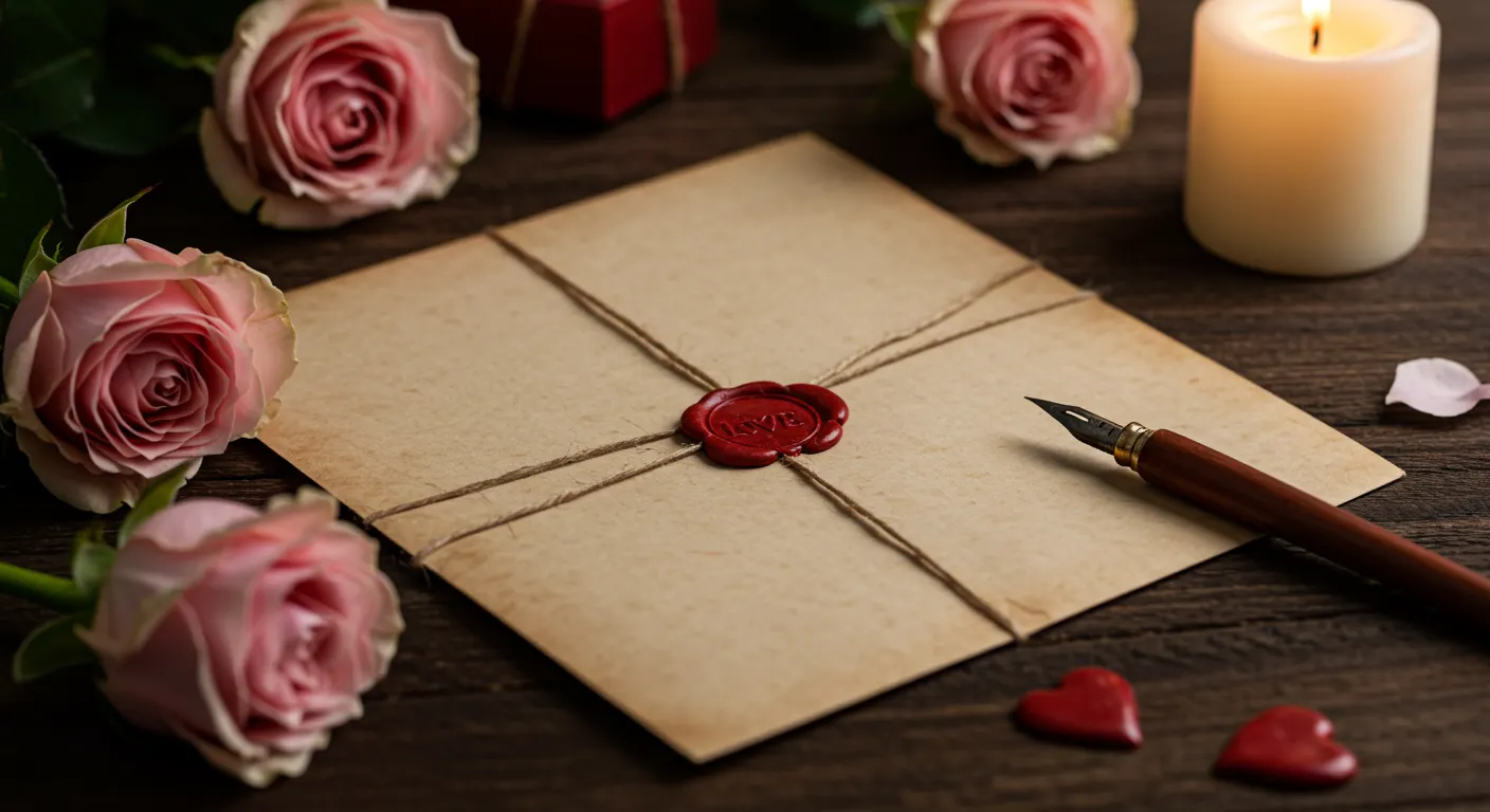 A vintage Valentine's Day love letter with a red wax seal, surrounded by delicate roses and a quill pen, softly illuminated by candlelight, evoking historical romance.