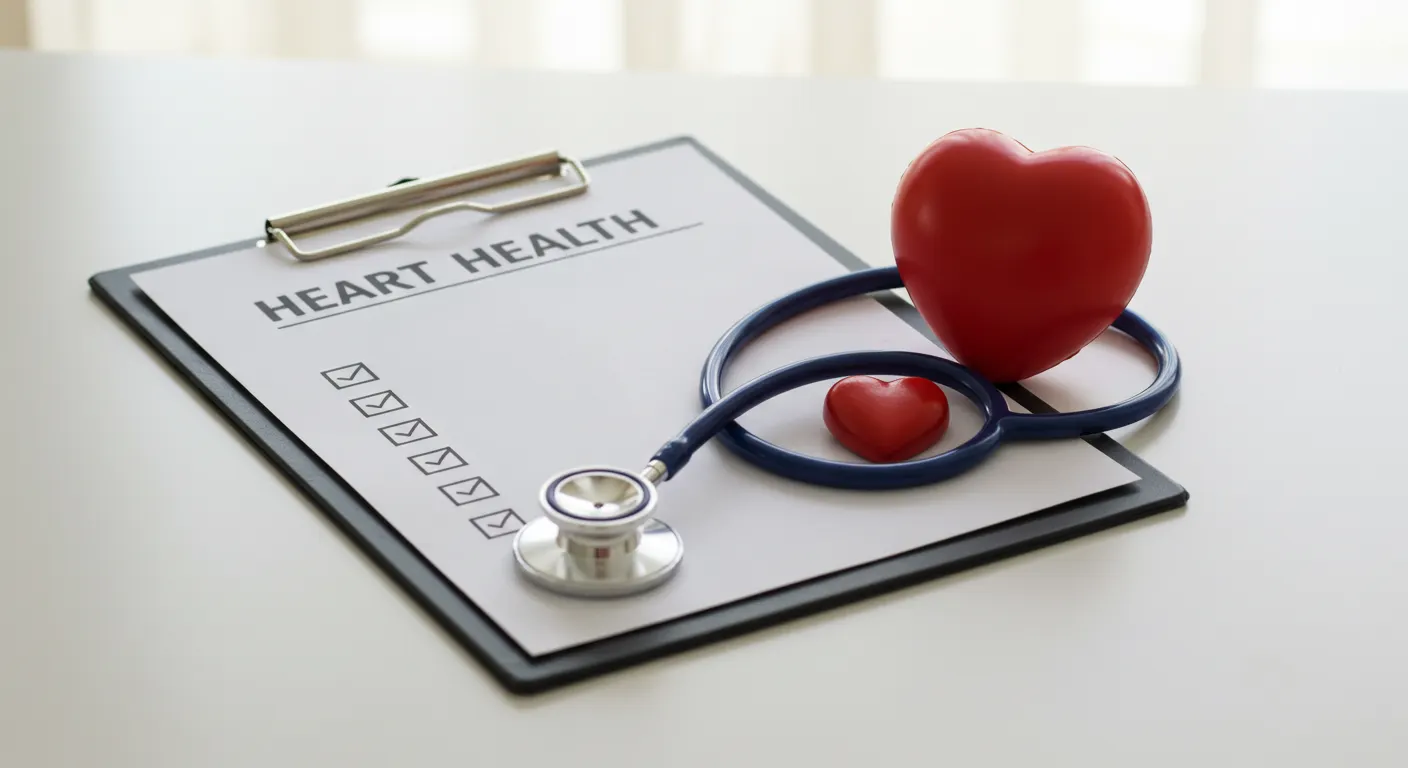 A heart health checklist on a clipboard with a stethoscope and red heart, symbolizing cardiovascular wellness for seniors.